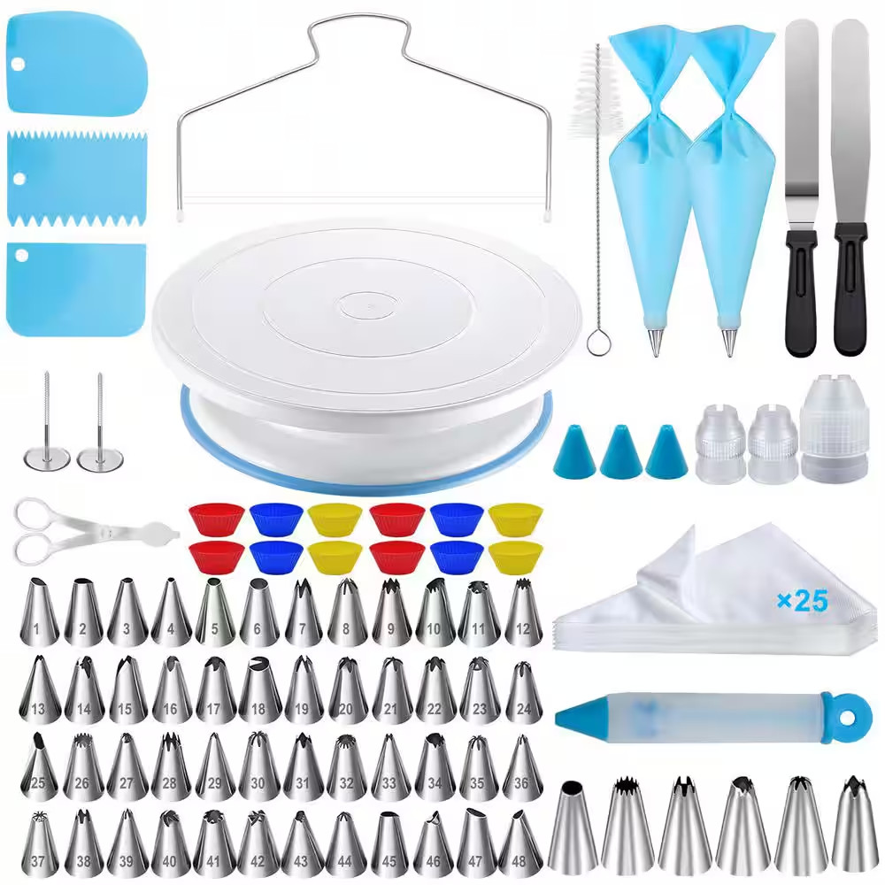 112Pcs Cake Decorating Kit with Turntable, Leveler, 54 Icing Tips, Spatulas, Scr