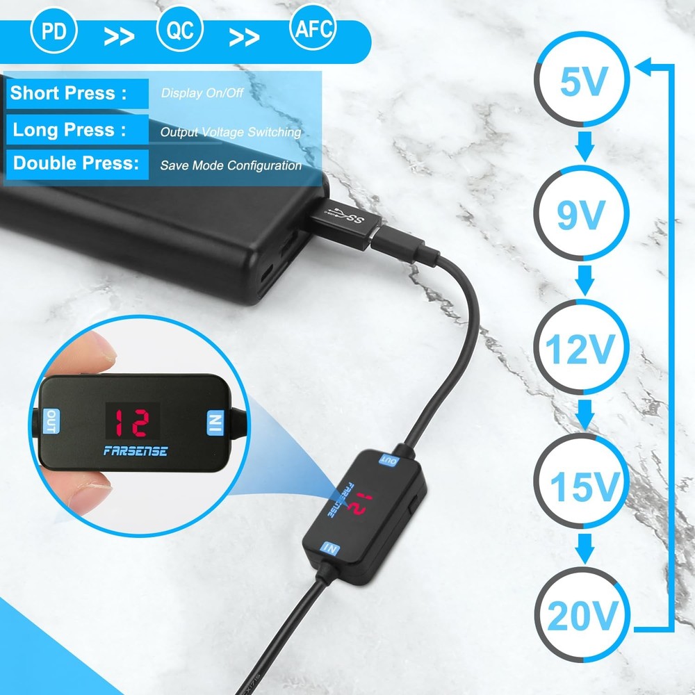 FARSENSE USB C to DC Adapter,Barrel PD Trigger Cable(3.3ft) with small, BLACK