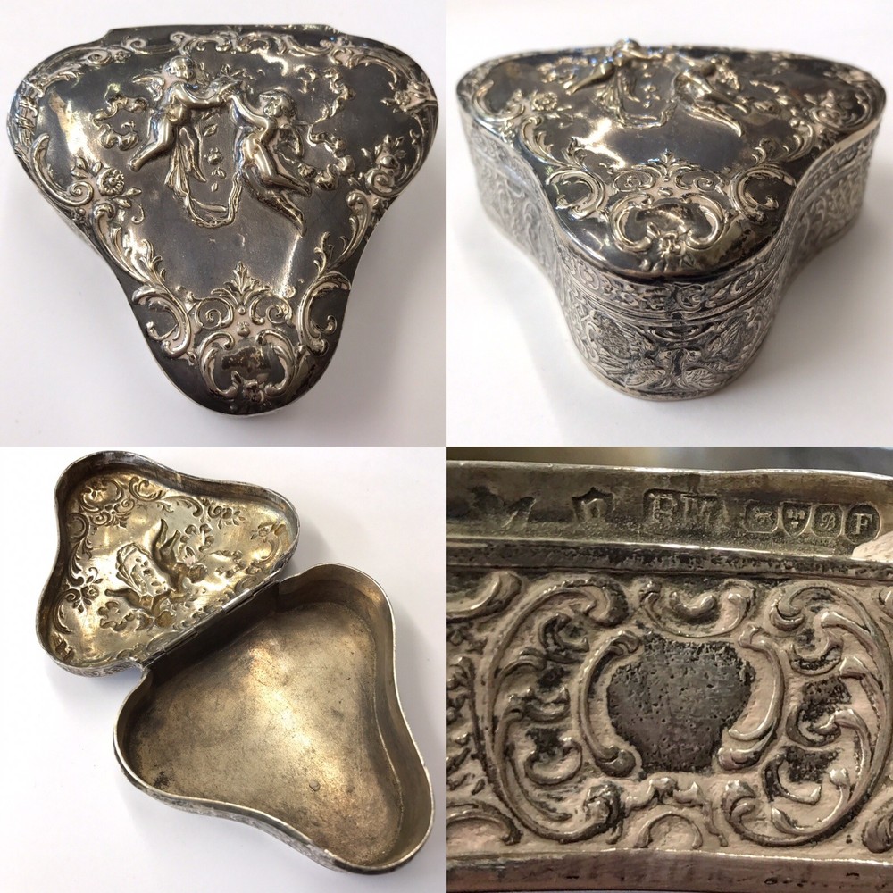 Antique Solid Silver Trinket Box Embossed Cherub Design Berthold Muller 1902