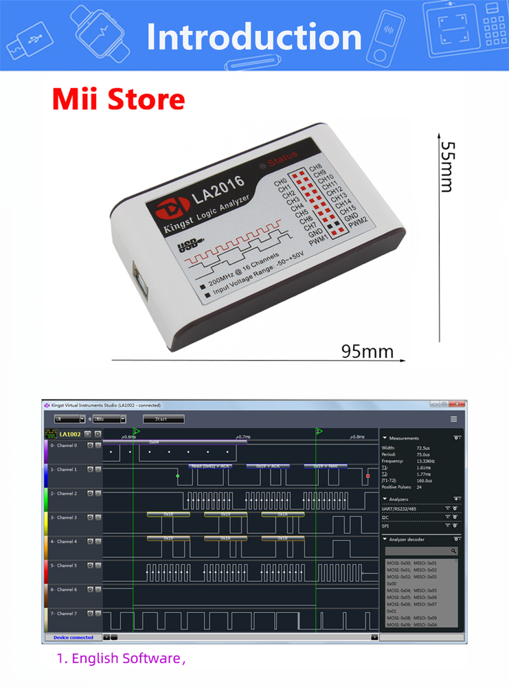 New Kingst LA1010 LA2016 16CH USB Logic Analyzer MCU ARM FPGA Debug Tool