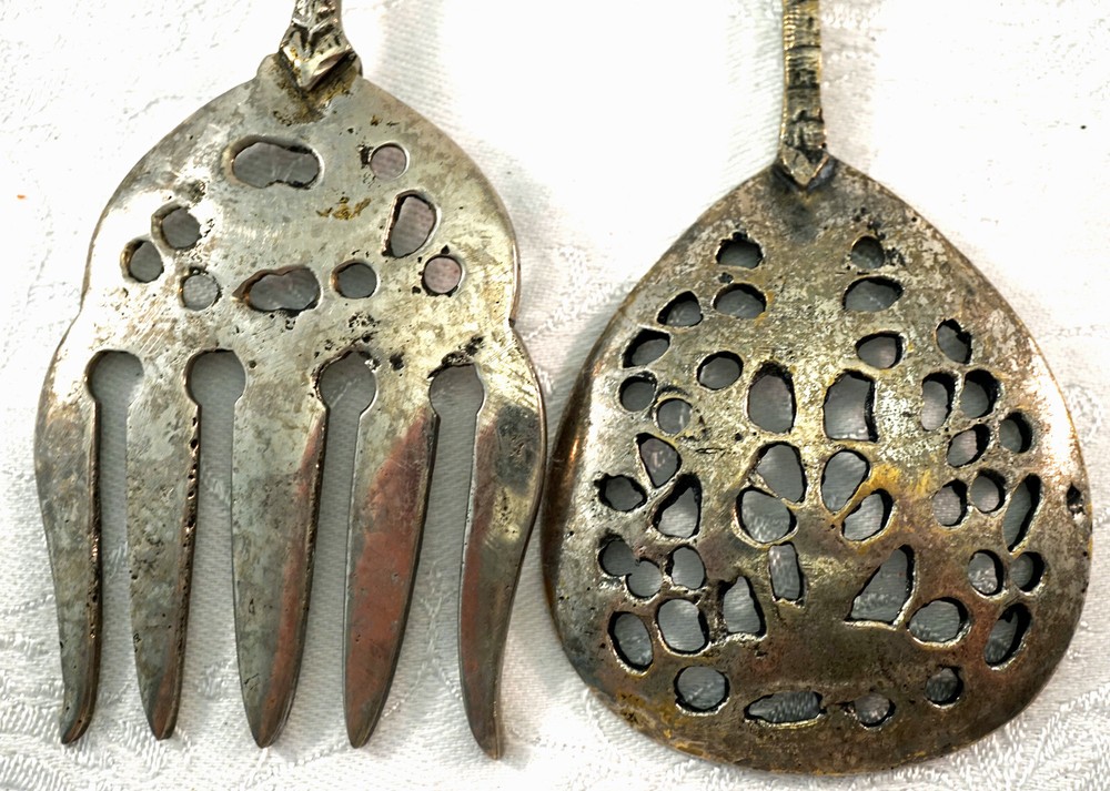 Silverplate Cupid Themed Serving Fork & Spoon Intricate Pierced Pattern Detailed