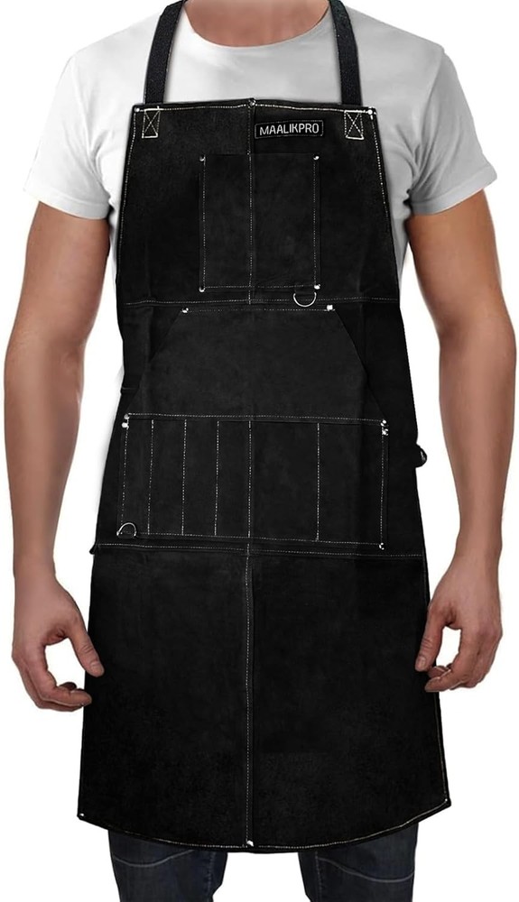 Leather Welding Work Apron with 9 Tool Pockets Black