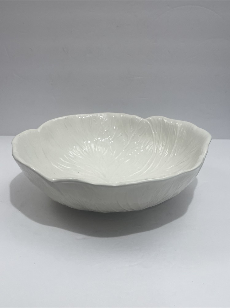 White Cabbage Leaf Ceramic Serving Bowl Hand Painted 12” D