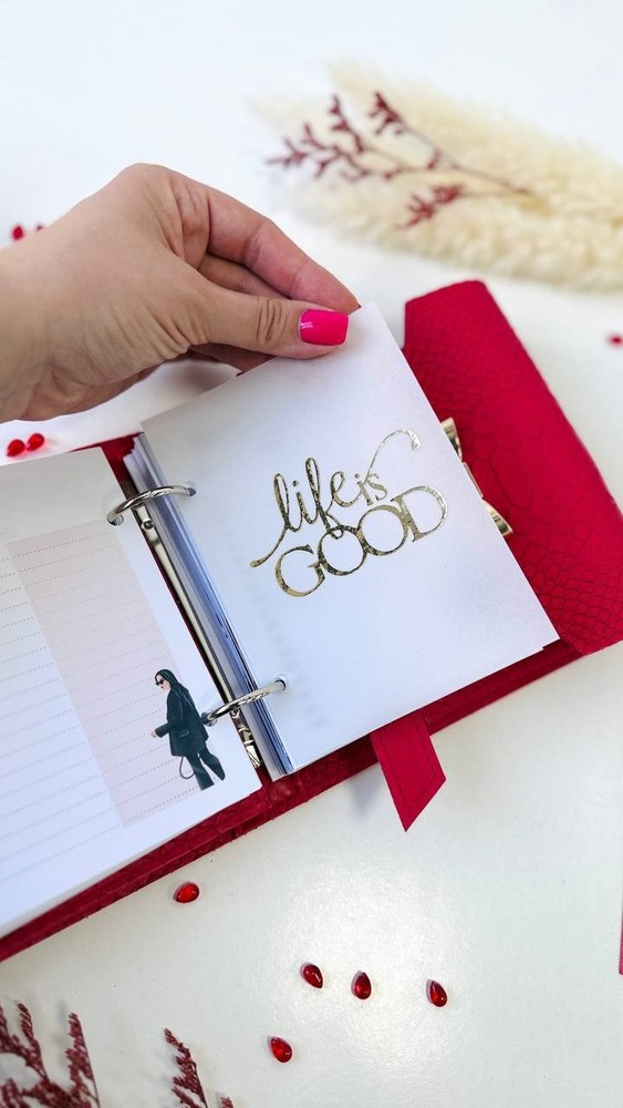 Red leather notebook cover A7 mini wallet. Lined day with time planner gift.