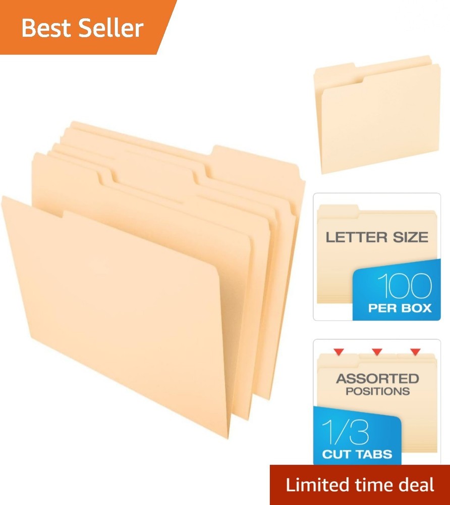 100 Pack Manila File Folders, 1/3-Cut Tabs for Efficient Organization