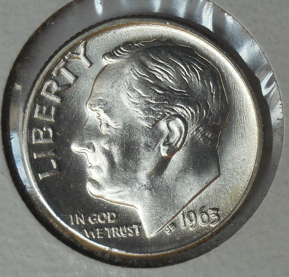 1963-d . Roosevelt Dime . Choice BU . Struck Through Error Reverse.