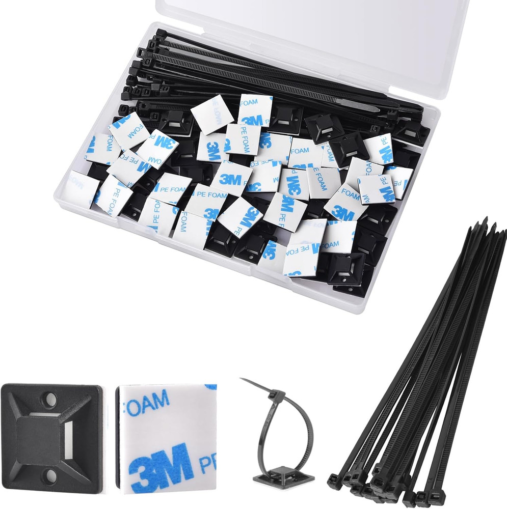 Strong Back-Glue Self Adhesive Cable Zip Tie Mounts Kit - 100 Set