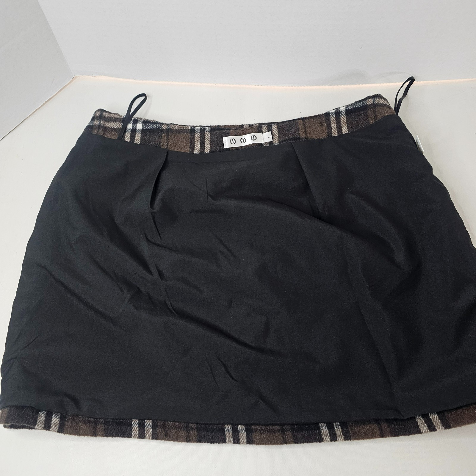 Women Plaid Mini Skirt Brown Black Wool Blend Autumn Size L Side Zip