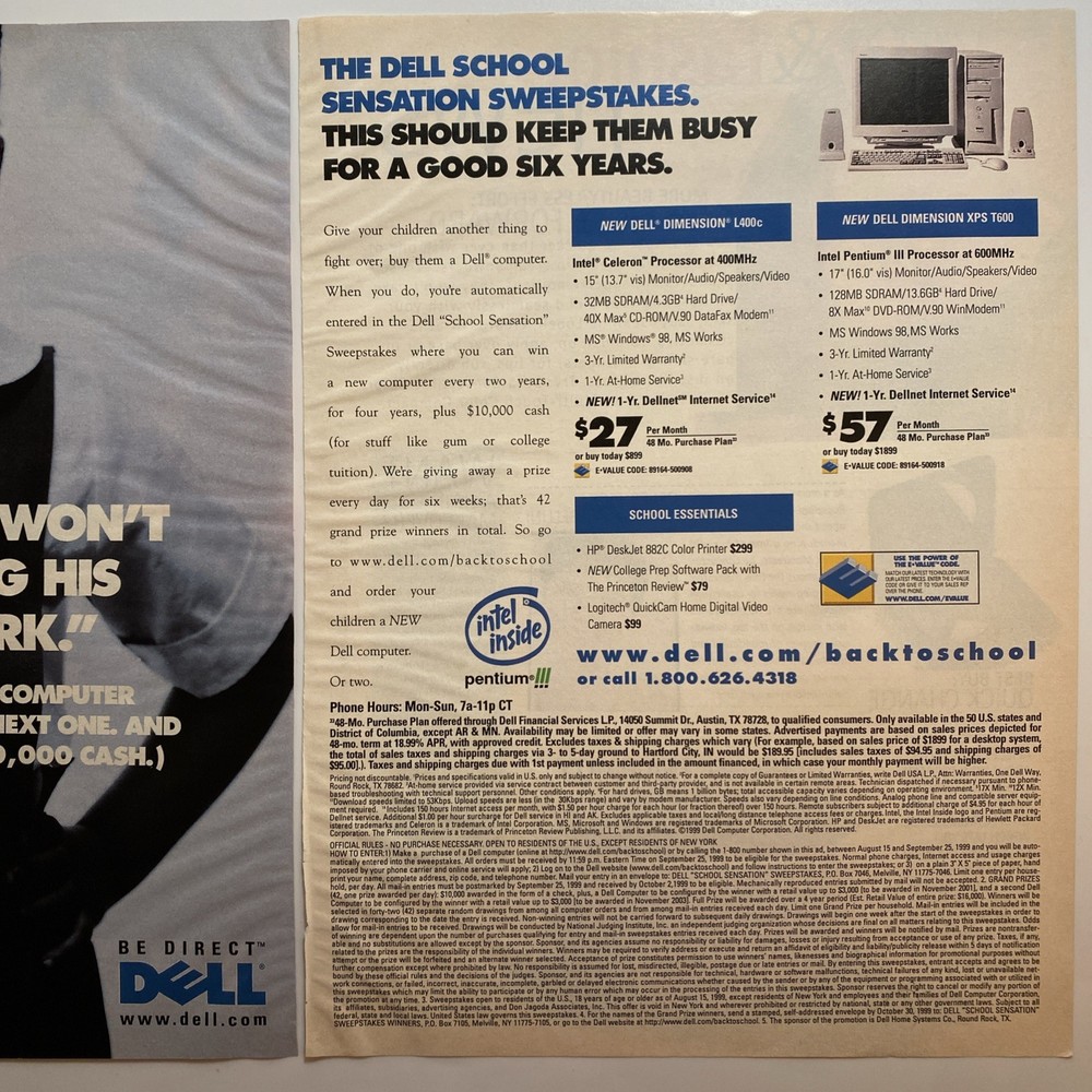 1999 Dell Dimension Desktop PC Computer 2 pg PRINT AD Tech Intel Inside Pentium