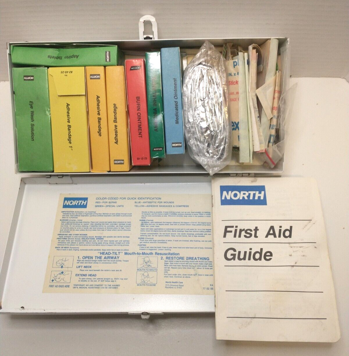 Vintage - North First Aid Kit - Metal Storage with Contents and 1st Aid Guide