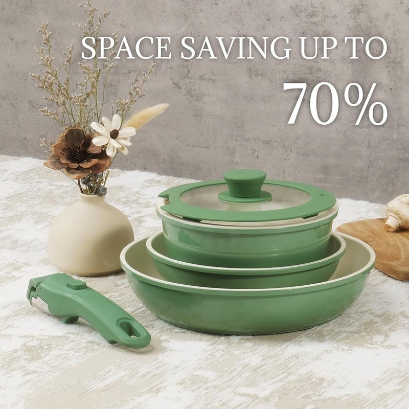 Non Stick Ceramic Cookware Set 8Pcs Removable Handle Space Saving Easy Cleanup