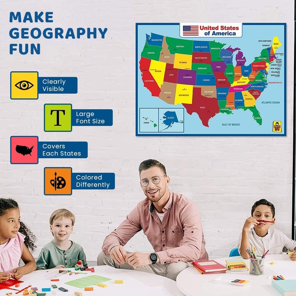 18"x24" Laminated USA Map Double Sided Educational Waterproof
