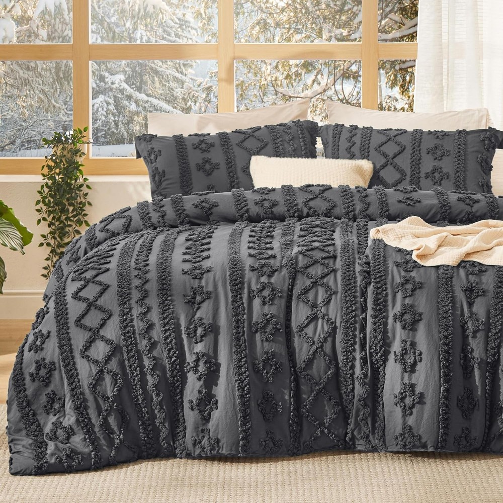 Tufted Boho Comforter Set King Size Beige Boho Bed Set GentleSoft™ 3 Pieces