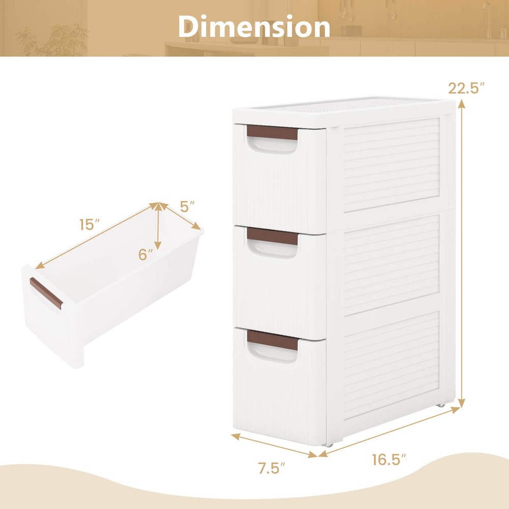 3-Drawer Narrow Rolling Storage Cabinet with Pull Handles Built-in Wheels