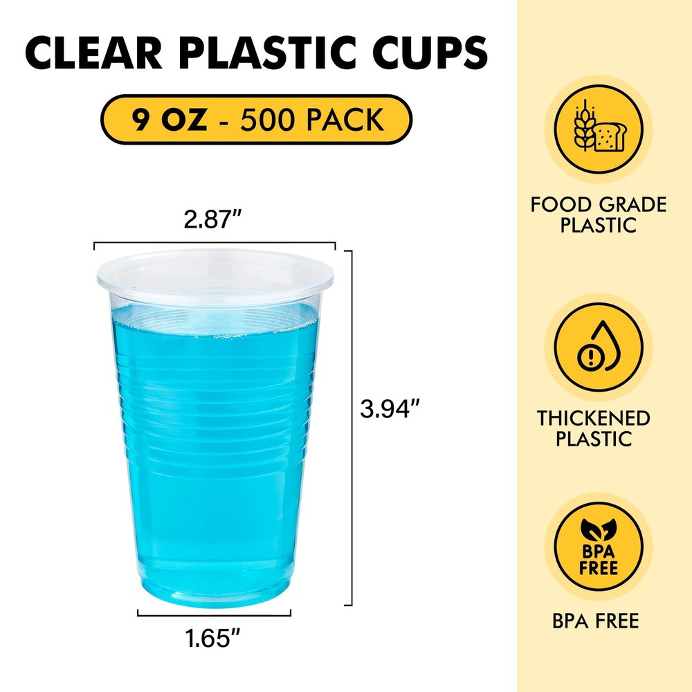 500 Pack 9 oz Plastic Cups, Clear Disposable Plastic Cups Bulk, Cold Drinking...