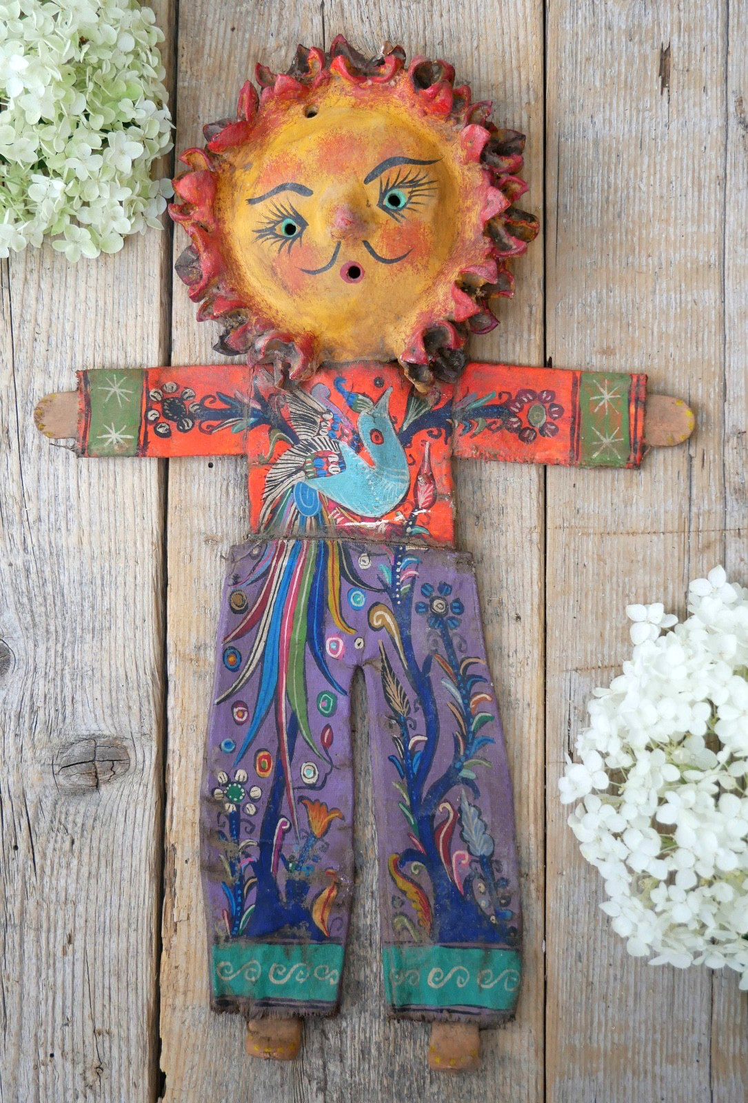 Sun Face Man Bird of Paradise Handmade Canvas & Coconut Guerrero Mexico Folk Art