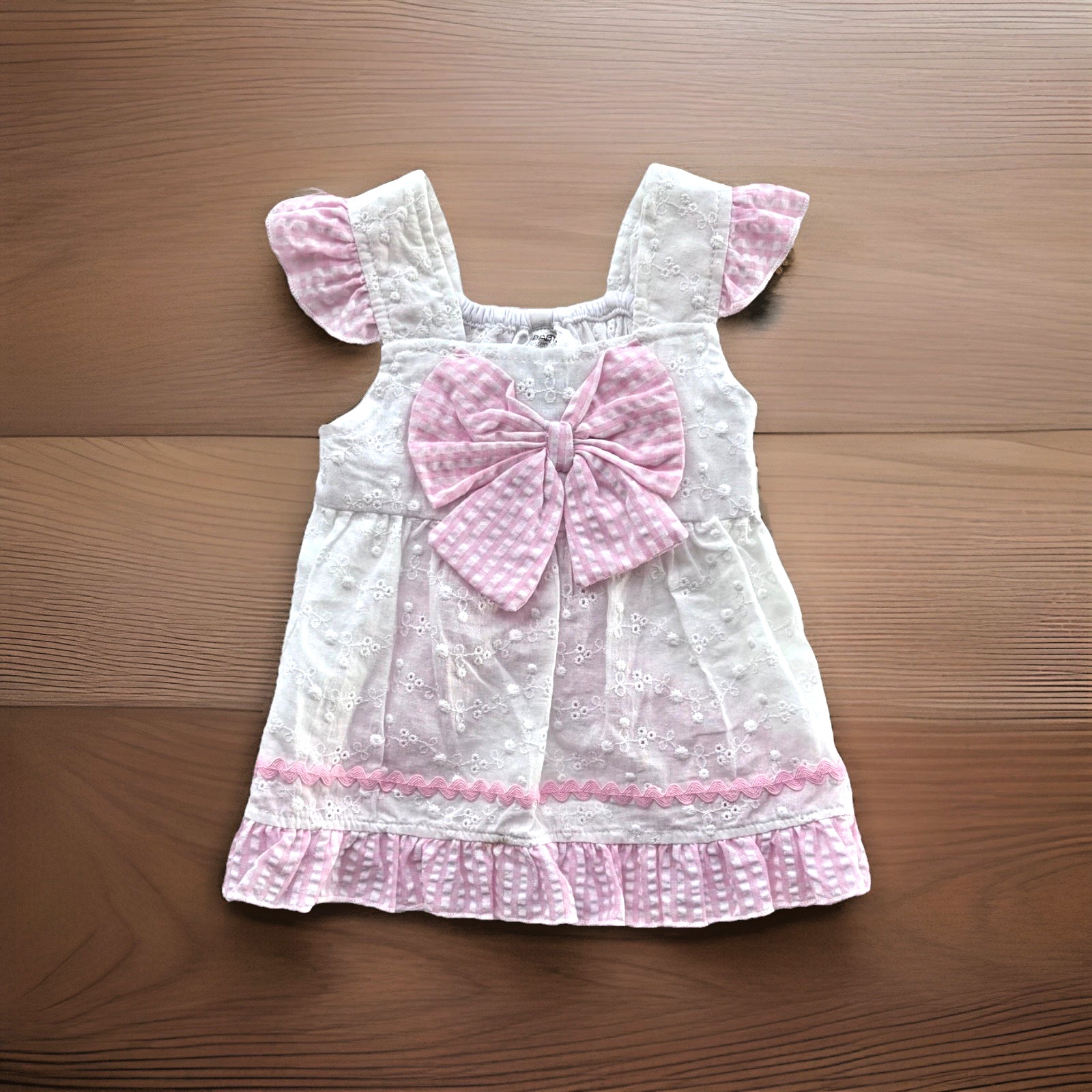 New Baby Essentials Baby Girls Pinafore Dress White Eyelet/Pink Seersucker Sz 6M
