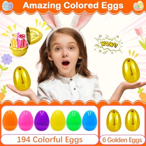 Large Fillable Plastic Easter Eggs with 6 Golden Eggs, Empty Bright 200 PCS 3"