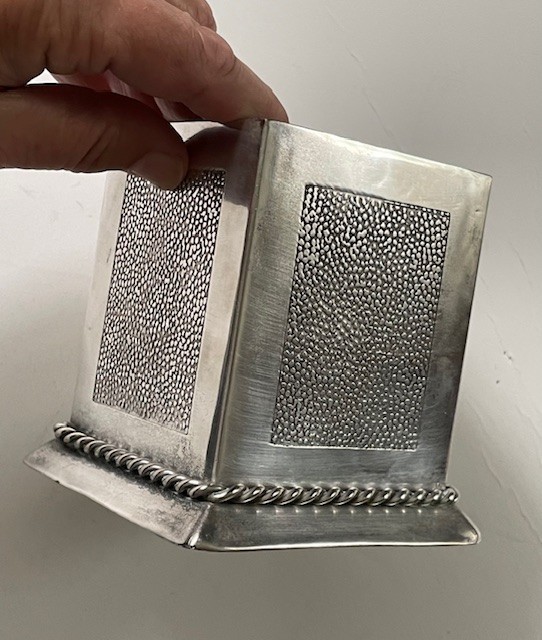 Open silver plate box; no mark, hammered sides, 3" square; desk accessory?