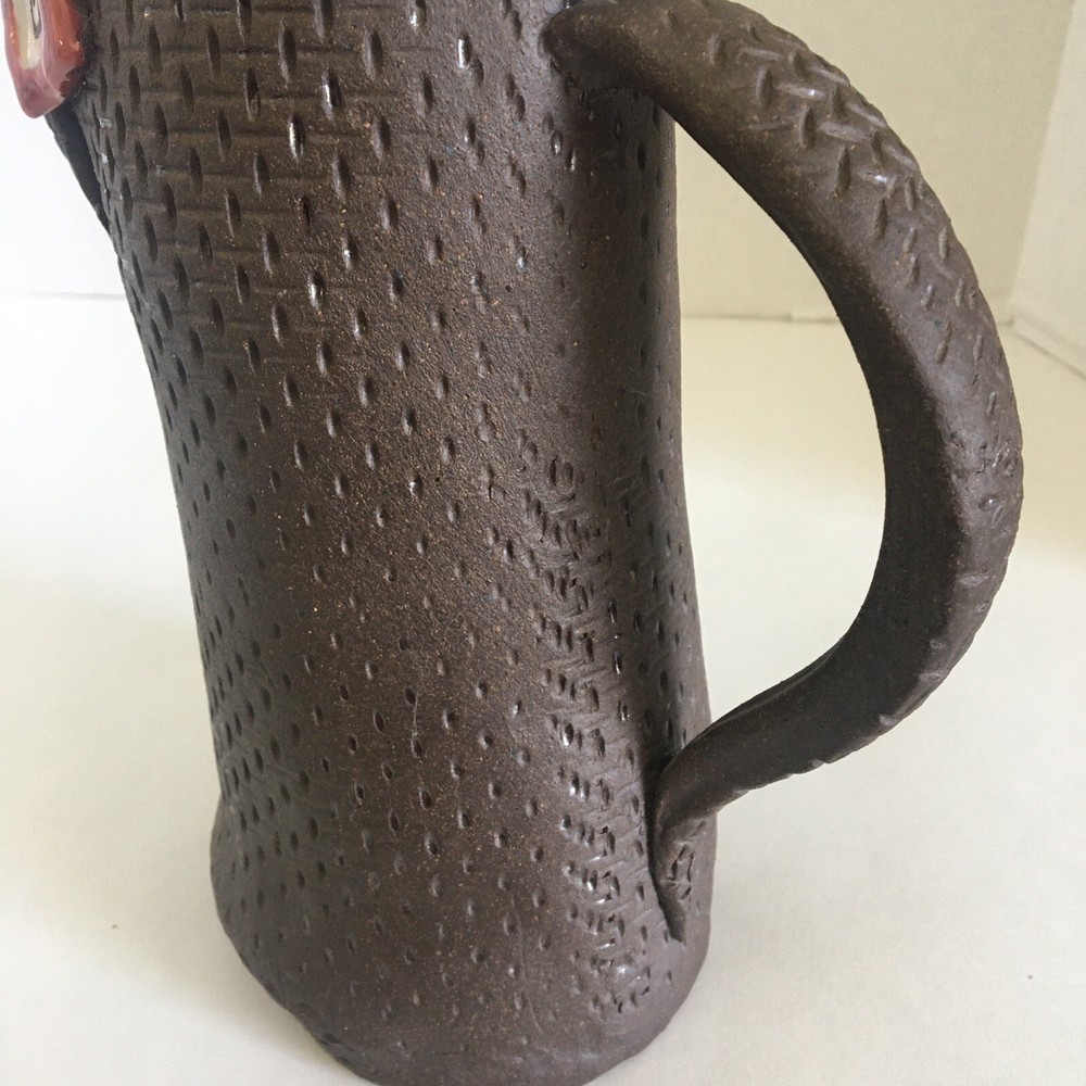 Ceramic Pitcher Basket Weave Textured Studio Pottery with Makers Mark 11" Tall