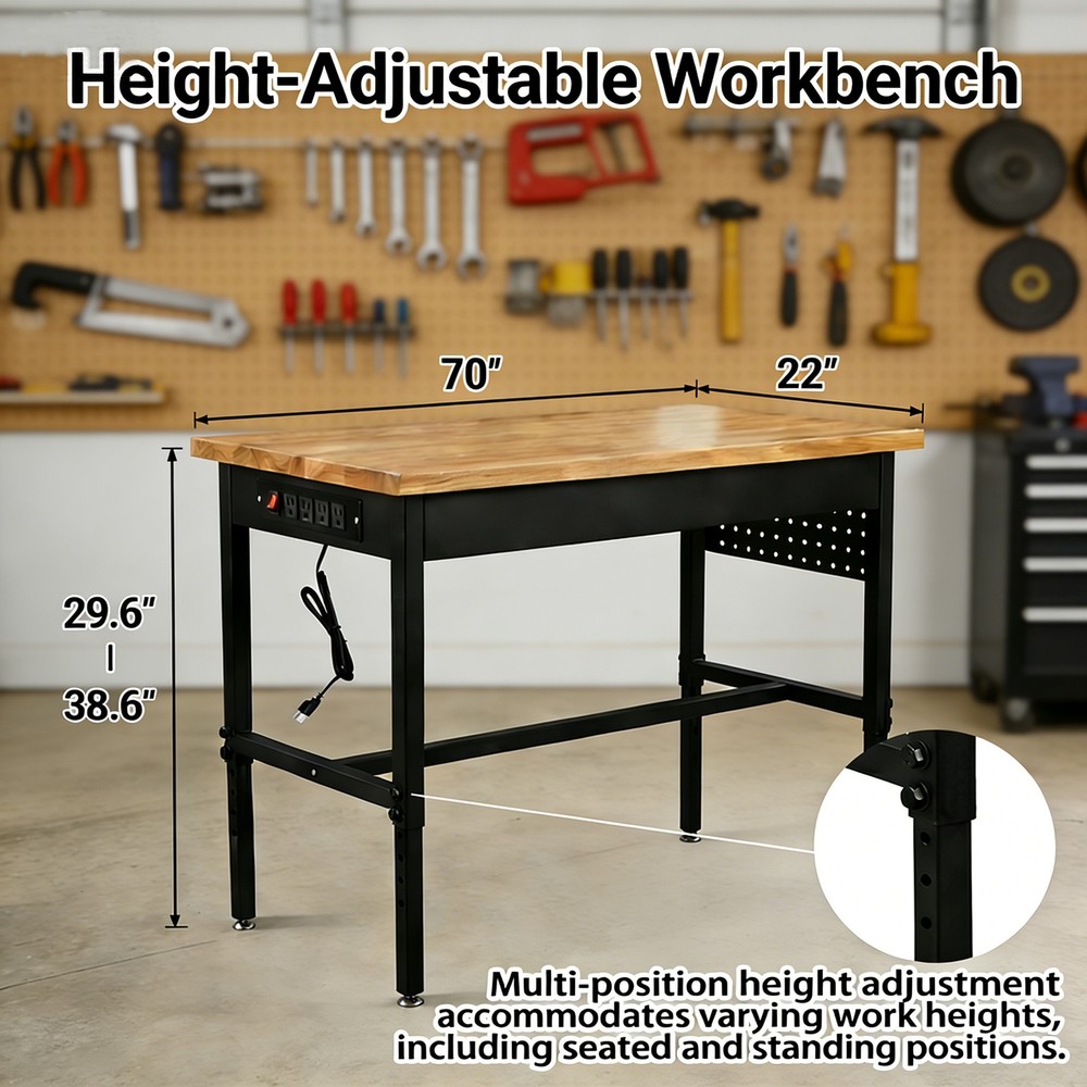 Heavy Duty Adjustable Workbench w/ Power Outlet & Wheels, 2500LB Capacity