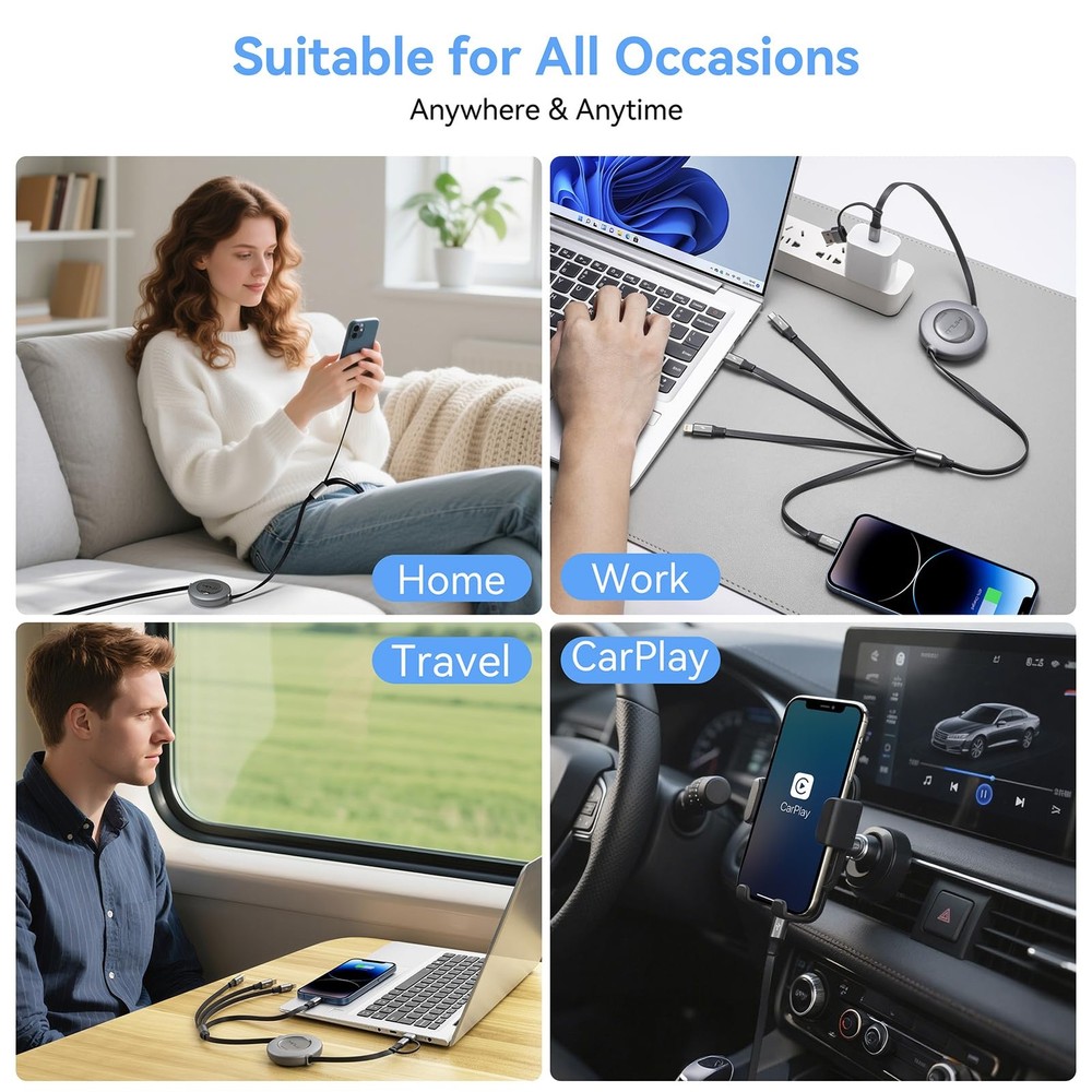 4 in 2 Multi Charging Cable 4A, 4Ft USBC Cable, Retractable 4 feet