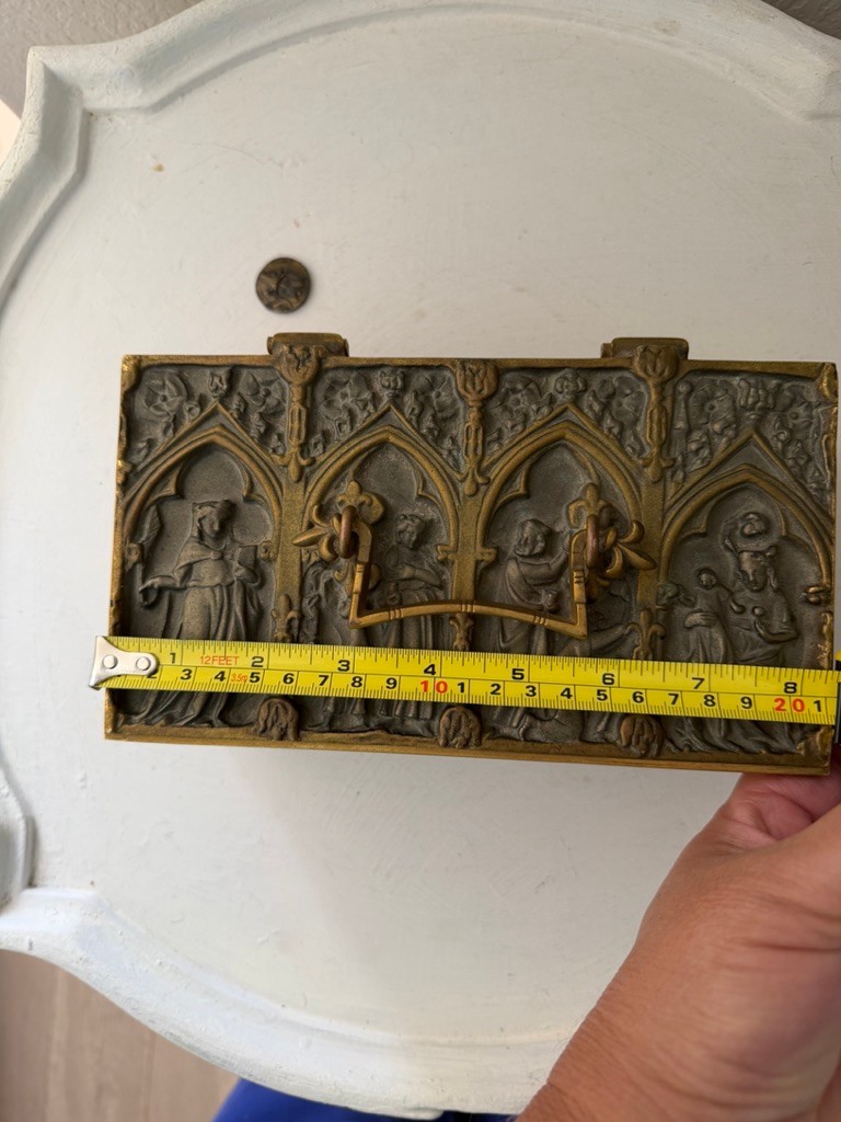German Gothic Revival Silvered & Gilt Bronze Casket – Medieval Figural Relief –