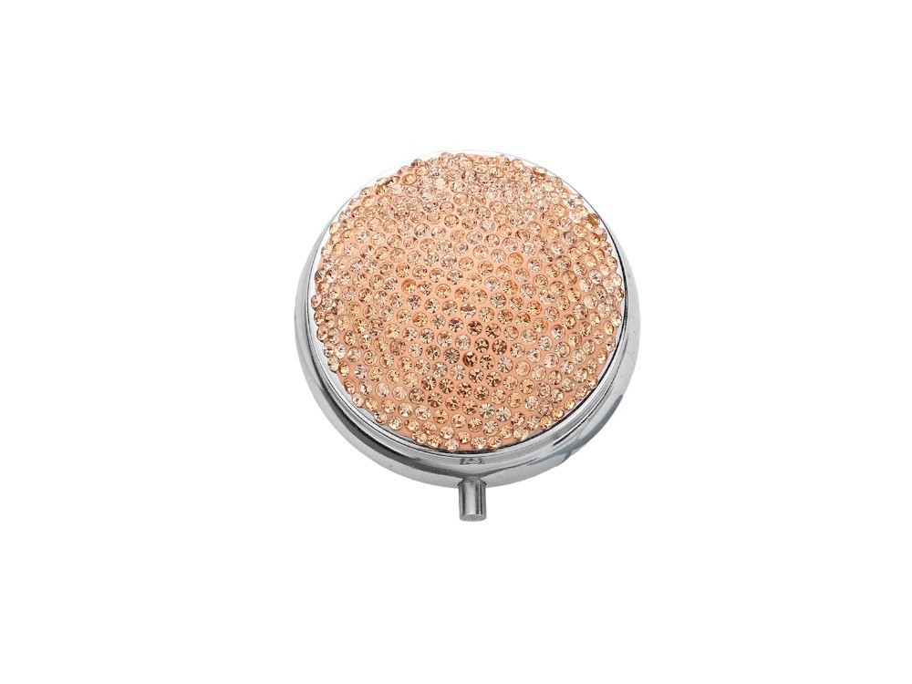 Peach Bling Round Mirror Compact Pill Organizer Case