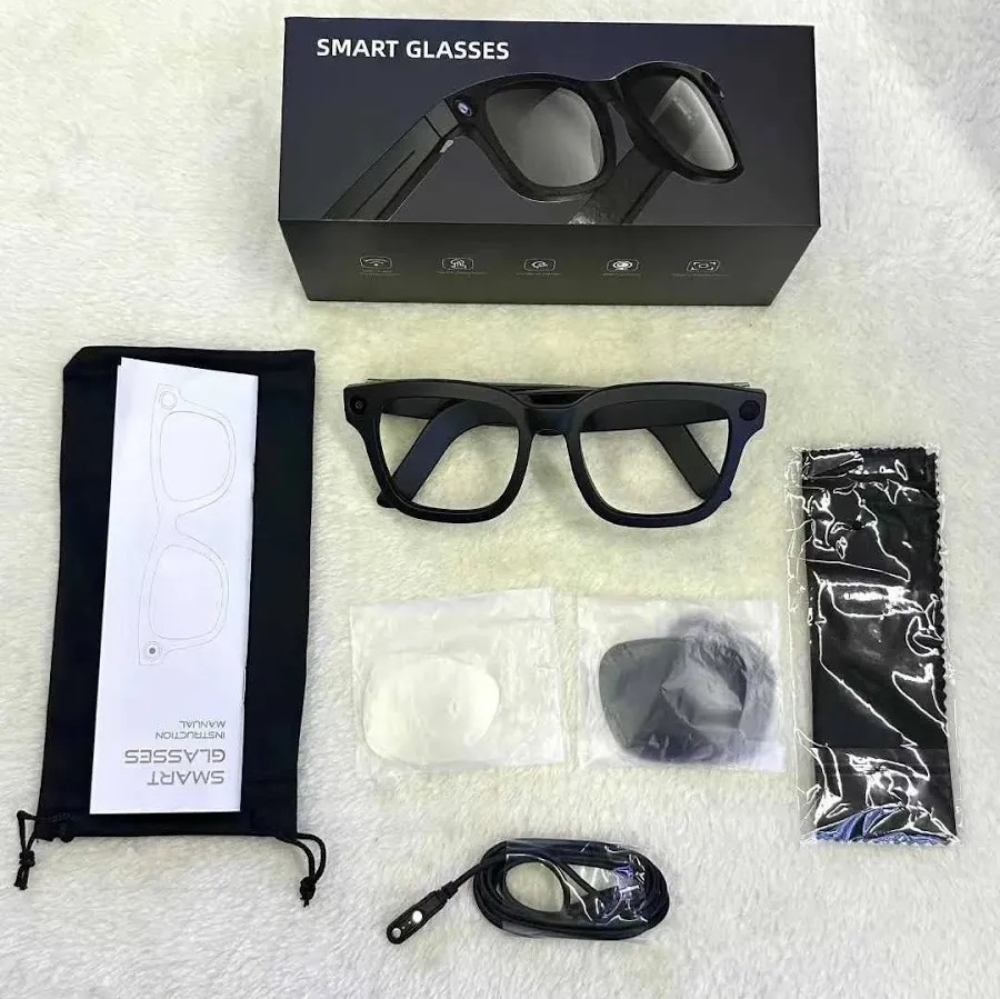 AI Smart Glasses Bluetooth USB Connectivity with Accessories and Charging Cable