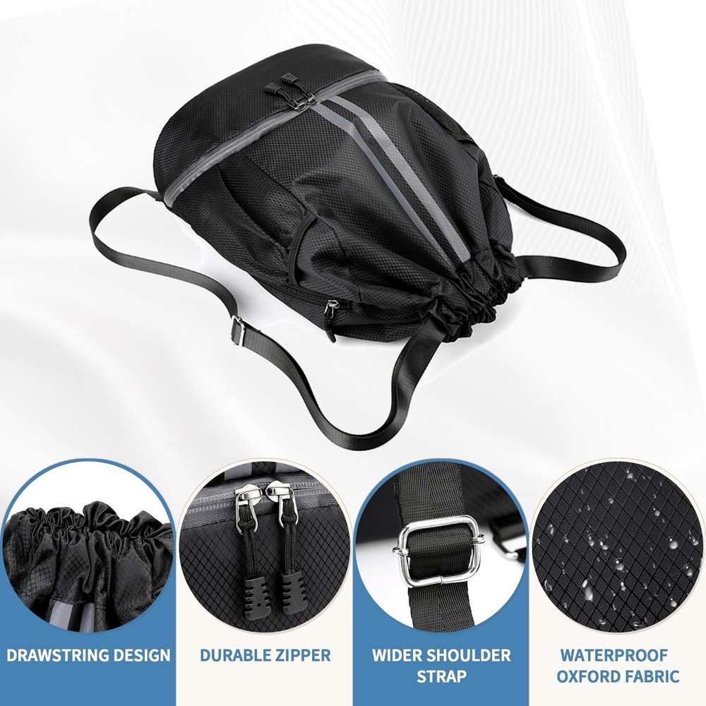 JELUTAR Drawstring Backpack Gym Bag with Shoes Compartment for Large, Black