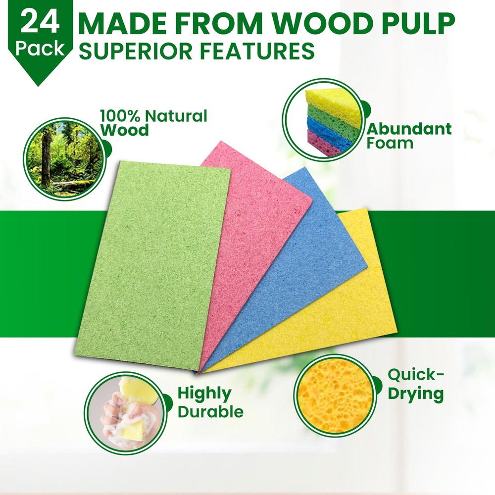 Cellulose Sponges – 24Pack Multicolored Compressed Natural for Kitchen – Plan...