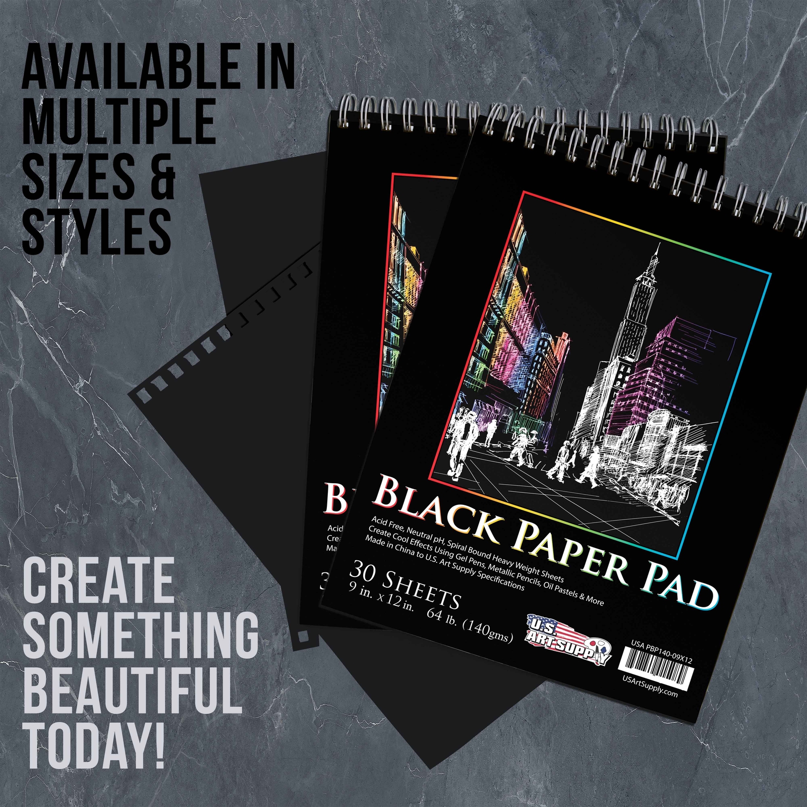 9"x12" Black Heavyweight Paper Spiral Bound Sketch Pad,140gsm,30 Sheets (2 Pads)