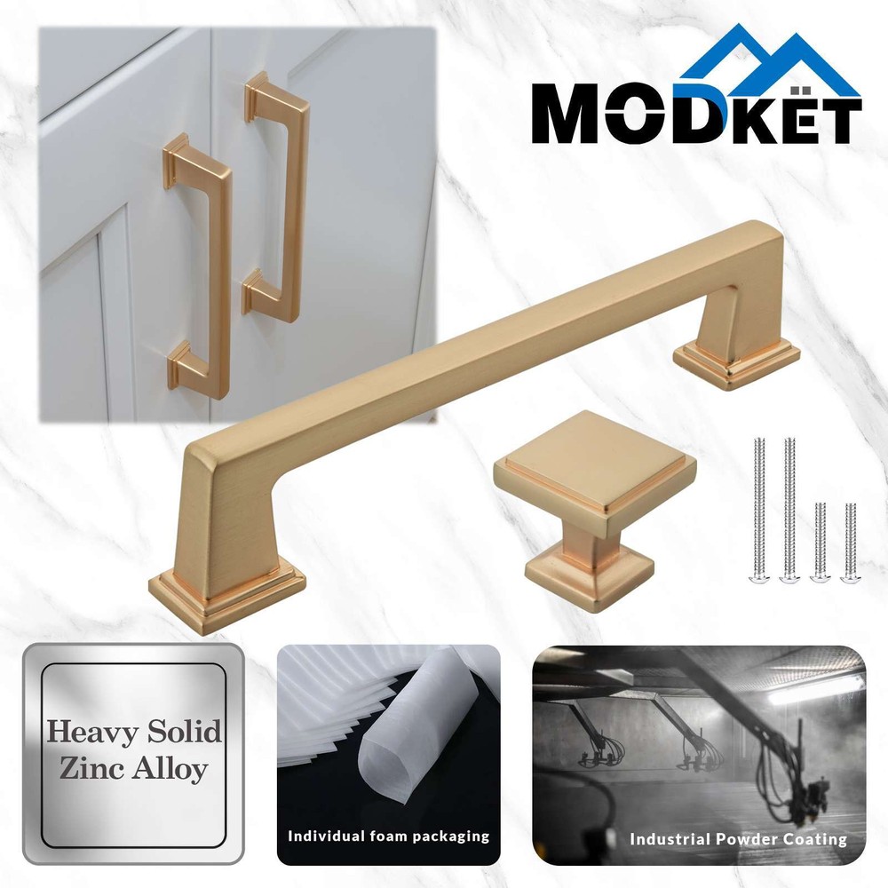 Solid Brushed Champagne Gold Square Cabinet Pulls Handles Knobs Kitchen Drawers