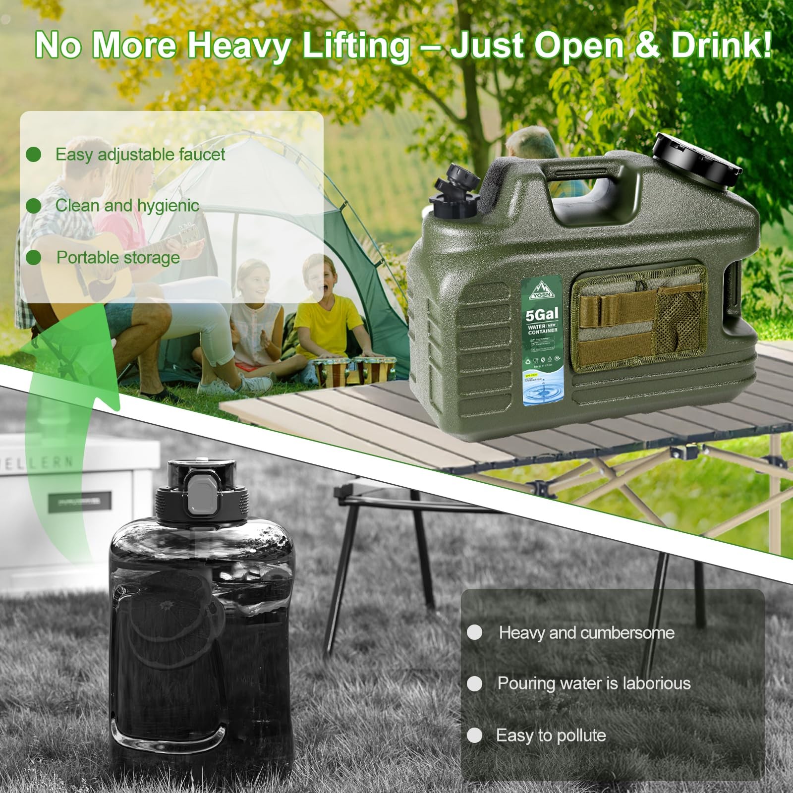 YOSN 5 Gallon Water Jug, Camping Water Container, BPA Free Portable Water Dis...