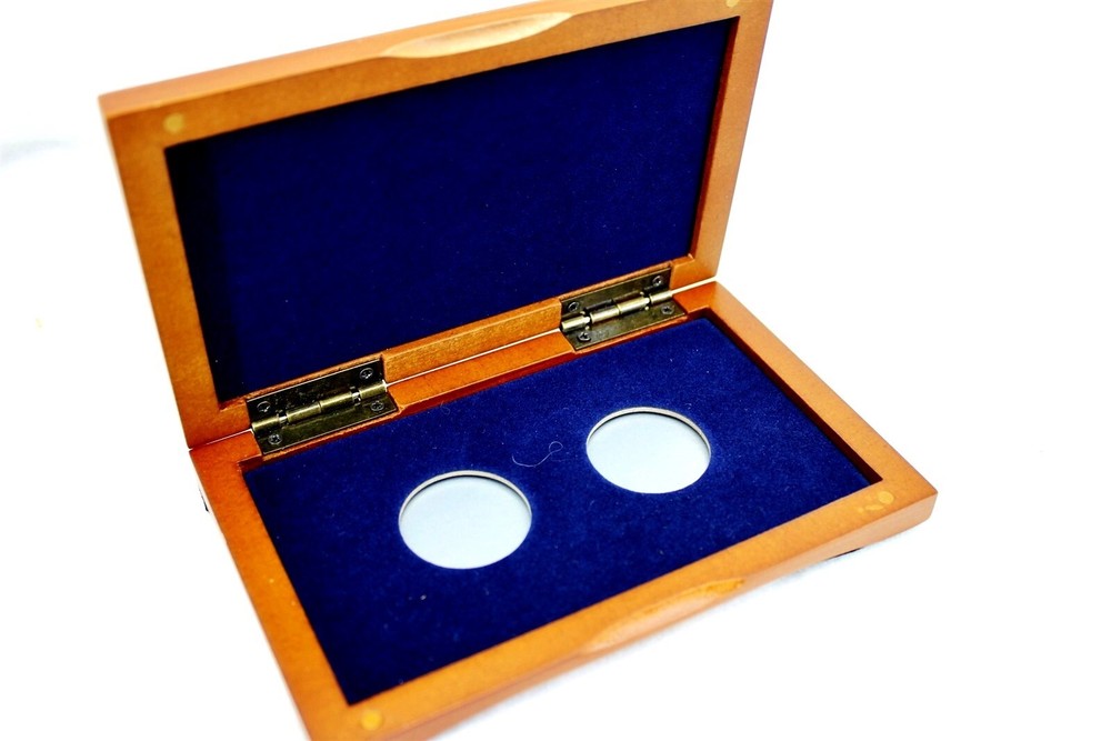 Cherry Finished Box & 2 Model T30 Coin Capsules for Half Dollar, Blue Felt Inter