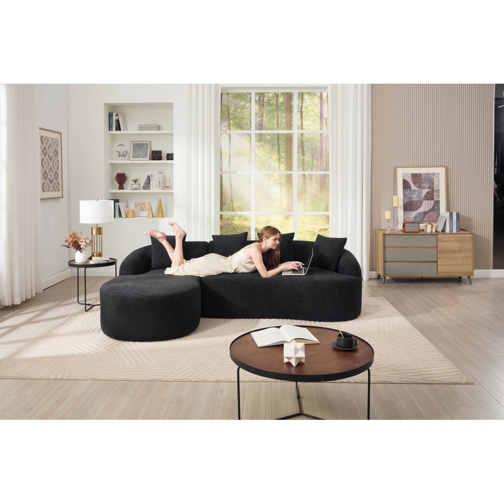 L-Shape Sectional Sofa w/ Chaise, Black Chenille Modular Couch, 30D Foam