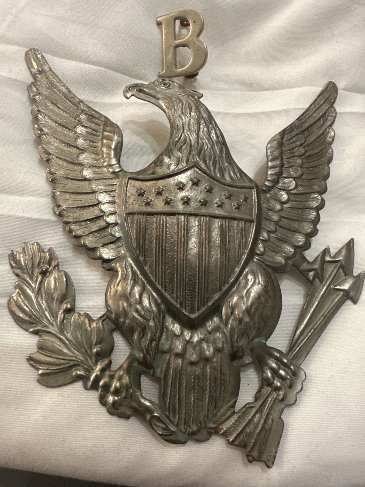 1870’s Silver On Brass Troop H, Eagle Shako Hat Plate W/ Post & Letter “B”.