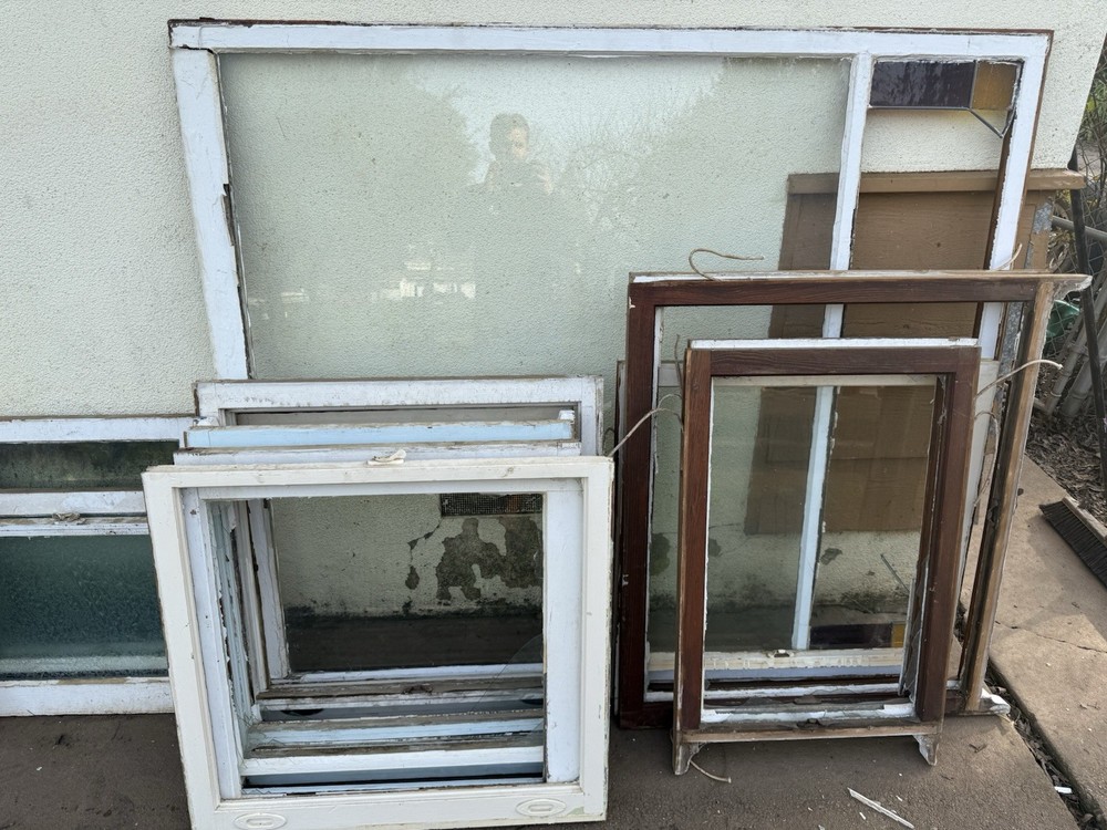 Antique Salvaged Wood Window Sashes, White & Brown Rectangle Frames, Glass