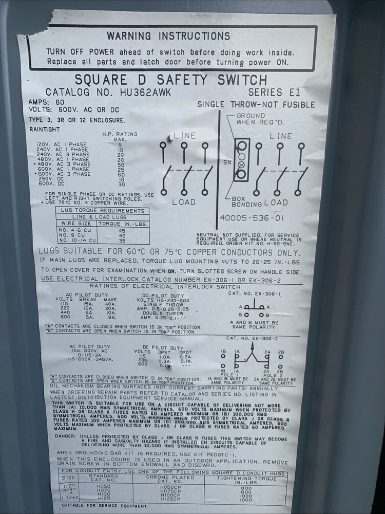 Square D HU362AWK Disconnect Switch, 600VACDC 60A