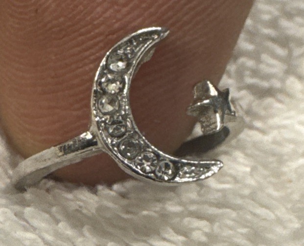 1 Adjustable Sparkling Silver Moon Star Ring vtg night sky