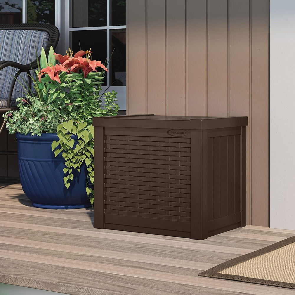 Small Outdoor Storage Box - 22 Gallon Java Resin Outdoor Deck Box, Flat-Lid Benc