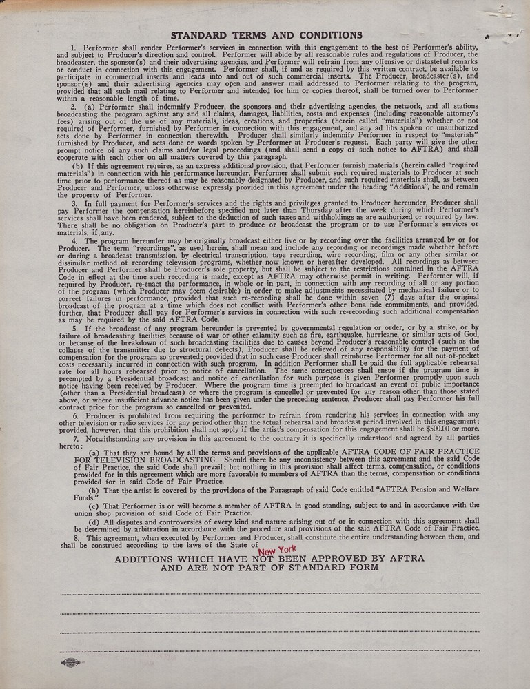 BUDDY HACKETT - CONTRACT DOUBLE SIGNED 12/13/1960