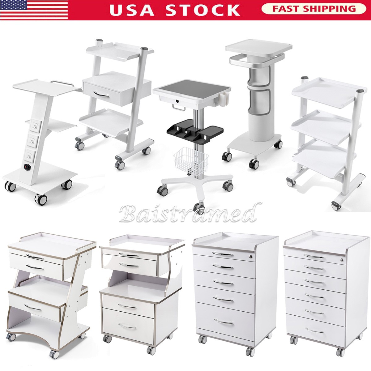 Dental Medical Cart Mobile Storage Cabinet with Drawers/Trolley Cart with Socket
