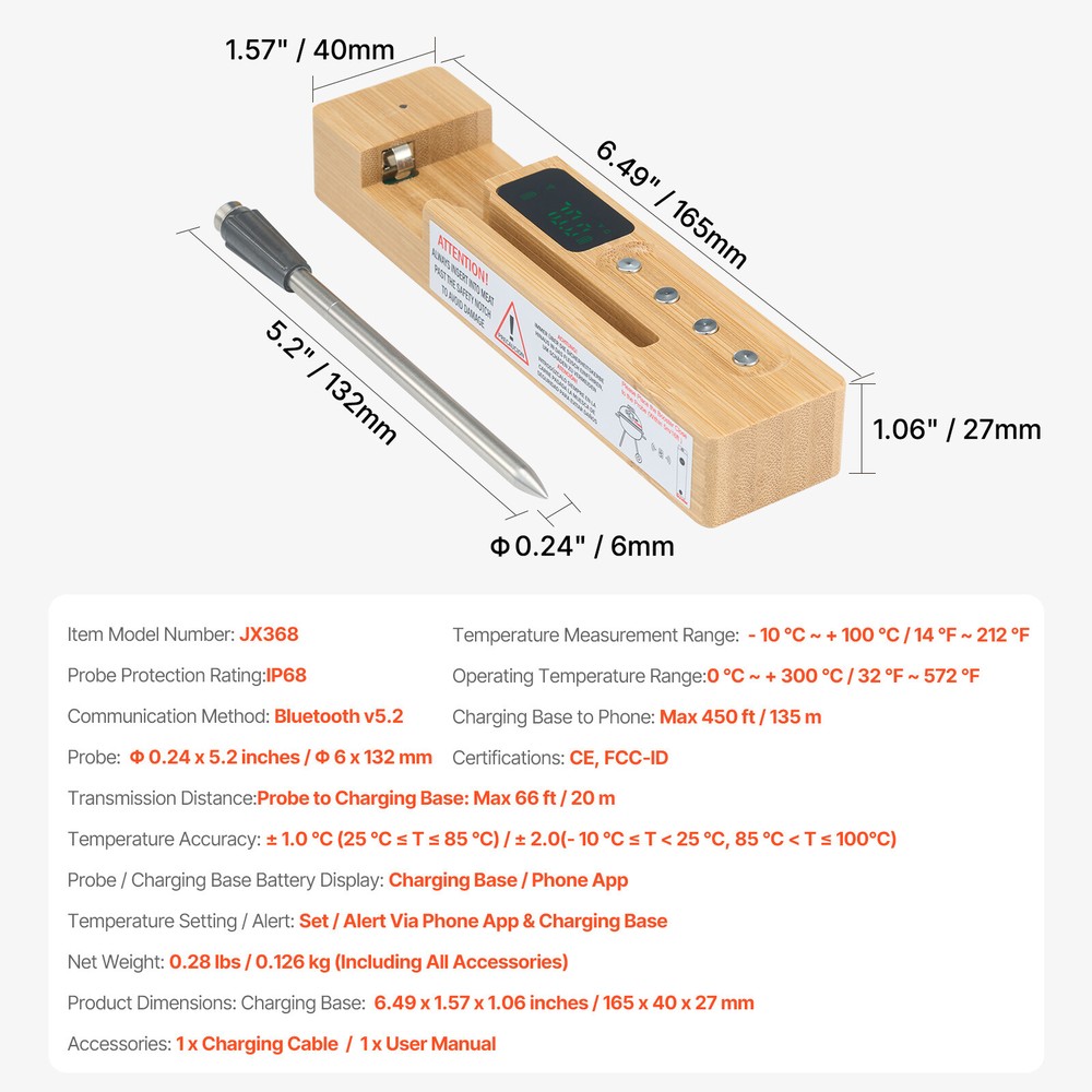 Wireless Meat Thermometer Bluetooth Meat Probe 500 ft Range for Cooking