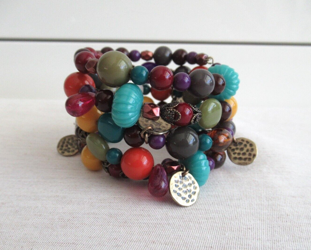 Memory Wire Bracelet Colorful Plastic Beads Small Size, 5 Strands Adjustable