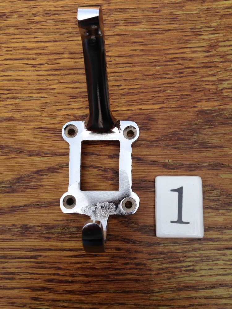 5 X OLD STYLE CHROMED CAST IRON SCHOOL COAT HOOKS ~ CERAMIC NUMBER INSERTS