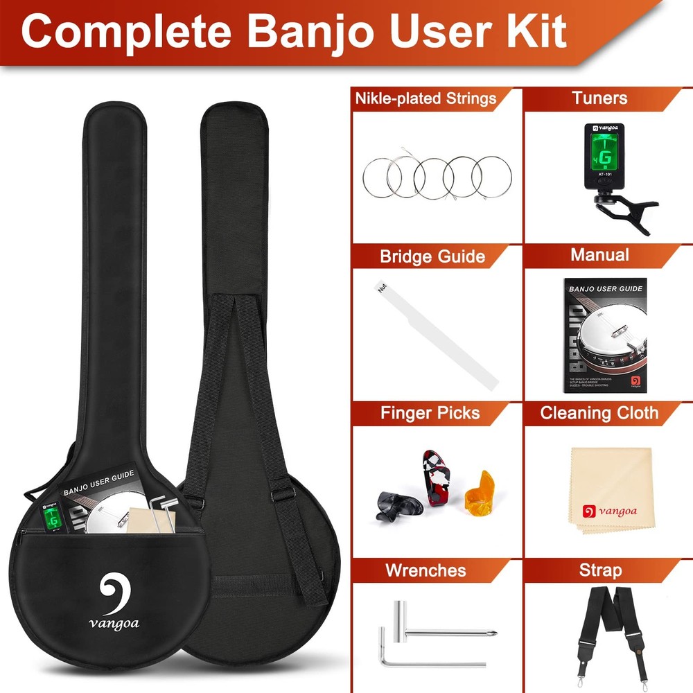 Vangoa Banjo 5 String Beginner Full Size Kit, Remo Head 24 Bracket Open Back ...
