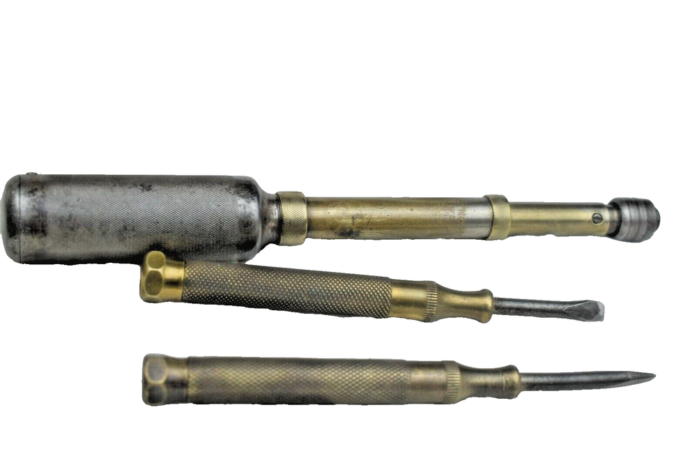 Yankee no. 41 push hand drill w/2brass Nesting screwdrivers