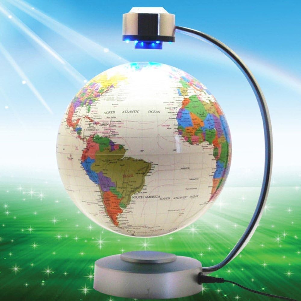 Floating 8" World Map Globe Magnetic Levitation LED Illuminated White