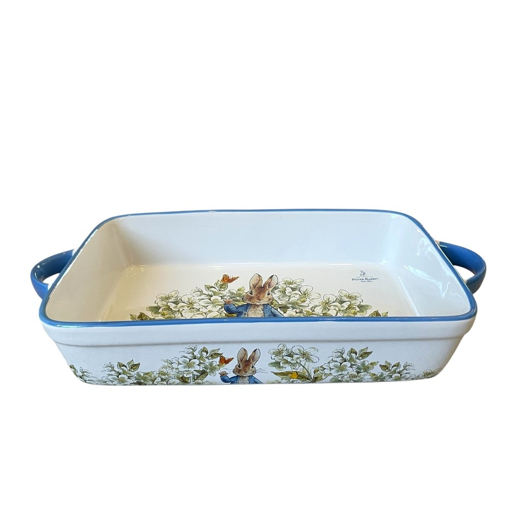 Beatrix Potter Peter Rabbit Rectangular Ceramic Baker Blue Rim Easter NEW